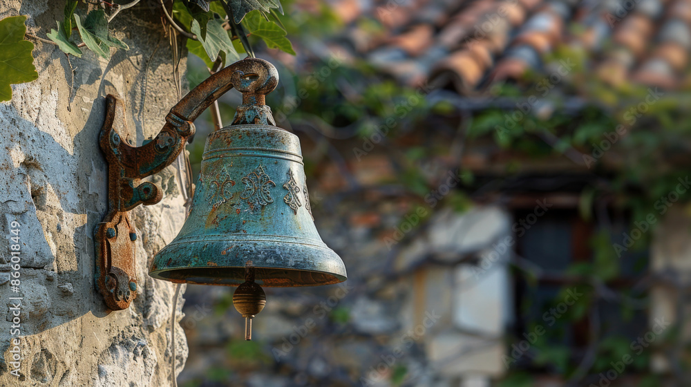 Fototapeta premium Aged metal bell attached to a rustic stone wall, surrounded by greenery, evoking a historic and vintage feel.