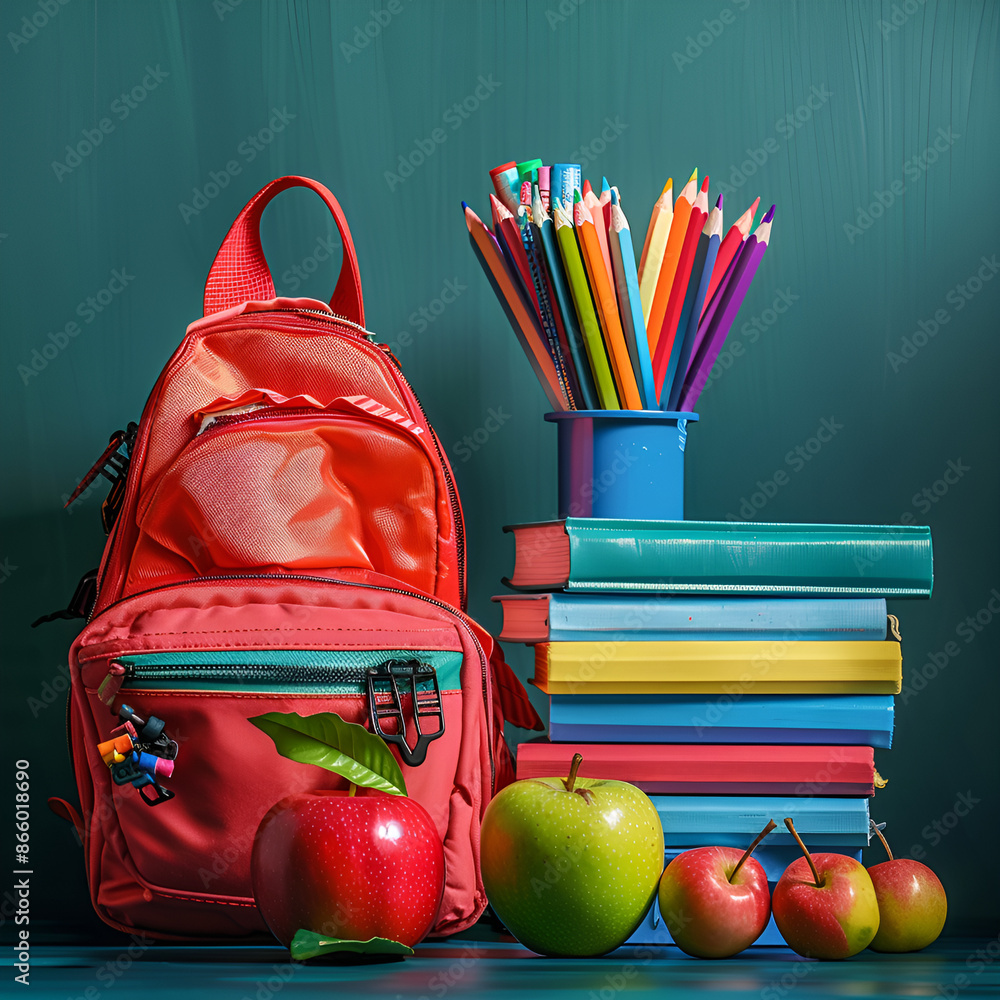 School backpack in red with pencil case and apples, ideal for students. School backpack in red with pencil case and apples, ideal for students.