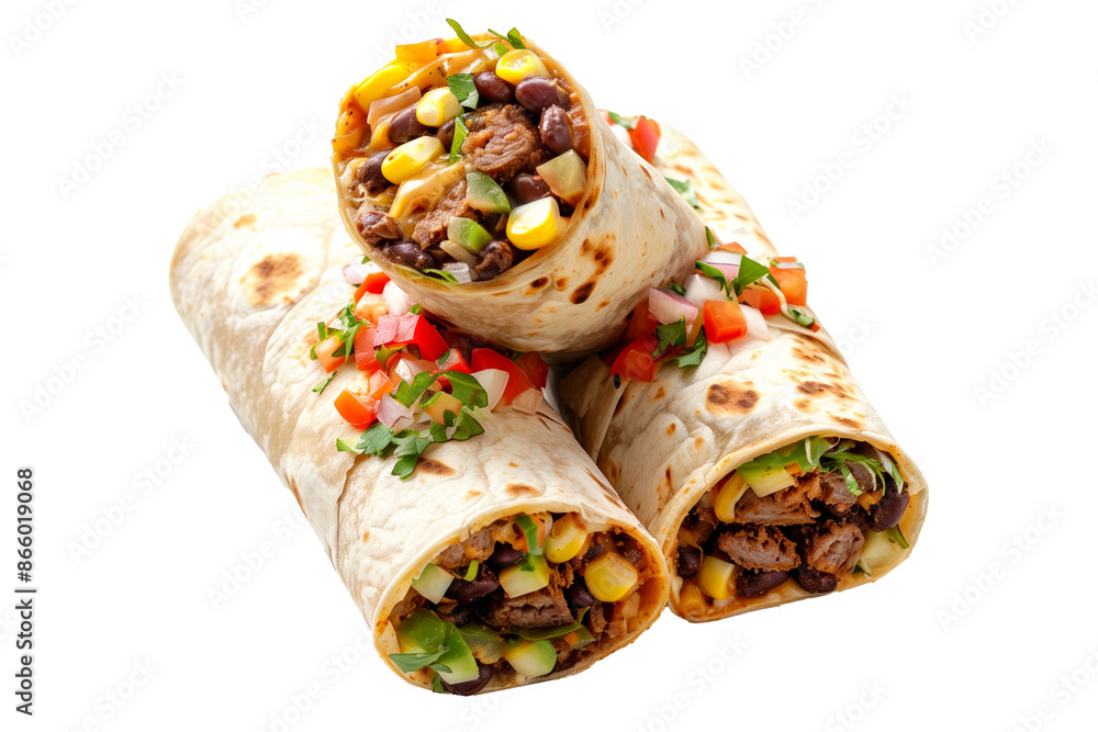 Classic burritos filled with meat, corn and fresh vegetables isolated on white transparent background. Classic burritos filled with meat, corn and fresh vegetables isolated on white transparent background.