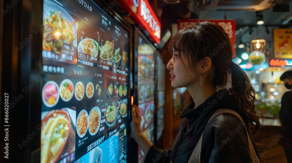 A woman stands in front of a digital menu board showcasing sushi dishes in a Japanese restaurant A woman stands in front of a digital menu board showcasing sushi dishes in a Japanese restaurant