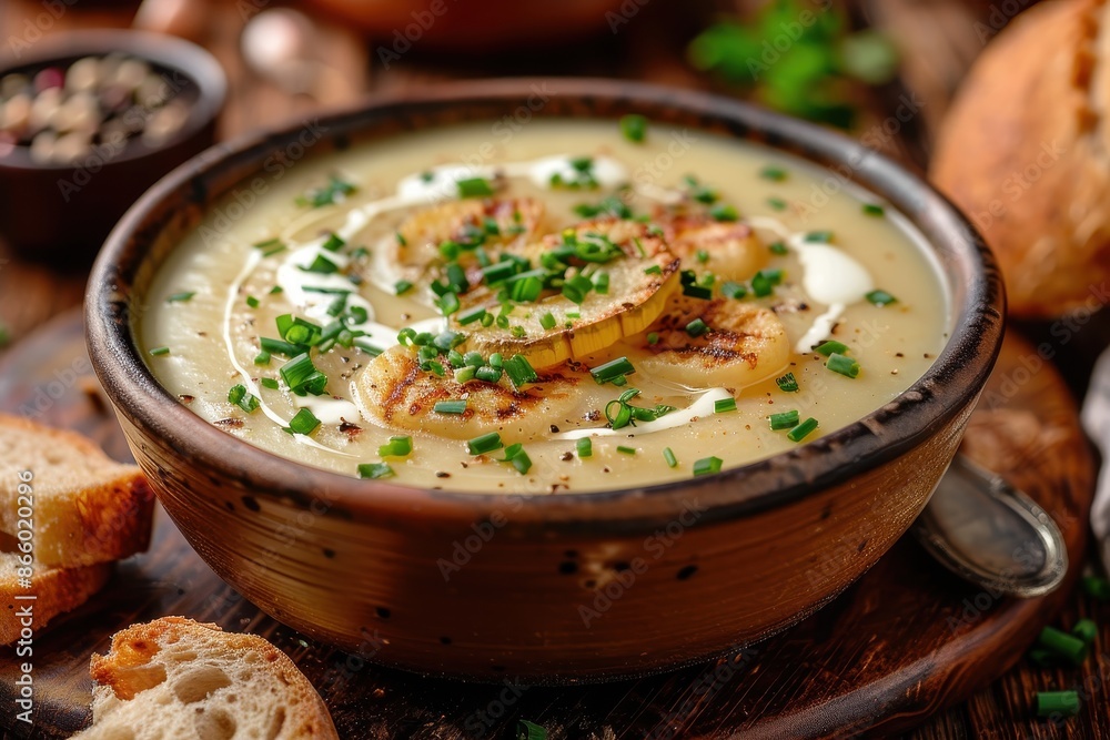 A bowl of creamy leek and potato soup, garnished with chives and a swirl of cream, served with a crusty bread roll. A bowl of creamy leek and potato soup, garnished with chives and a swirl of cream, served with a crusty bread roll.