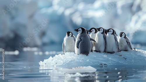 A group of penguins huddling together on ice