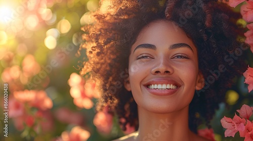 Radiant woman smiling in a field of wildflowers © kura