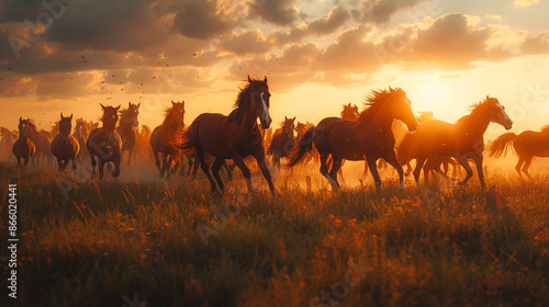 A herd of wild horses running across a grassy field