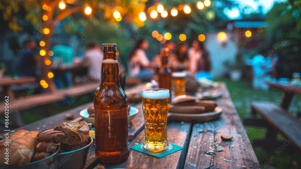 Outdoor summer party with friends, beer bottles, food, and warm string lights creating a cozy and lively atmosphere at dusk. Outdoor summer party with friends, beer bottles, food, and warm string lights creating a cozy and lively atmosphere at dusk.