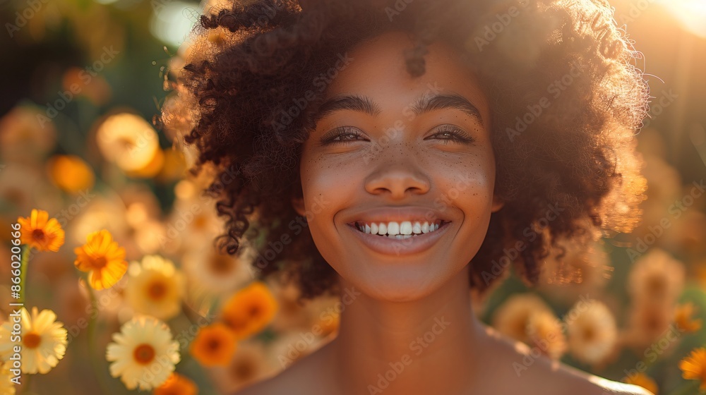 Radiant woman smiling in a field of wildflowers Radiant woman smiling in a field of wildflowers