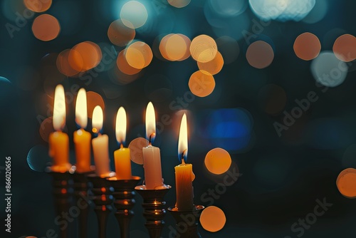 Lit Hanukkah Menorah Candles with Bokeh, Celebrating the Festival of Lights