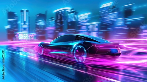 Futuristic Car Speeding Through a Neon City