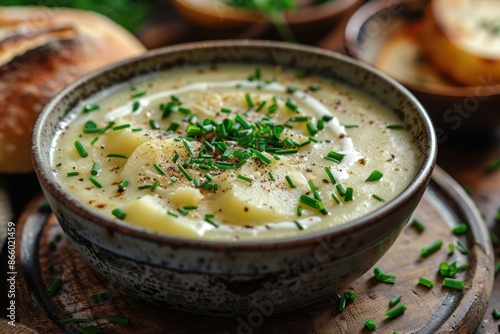 A bowl of creamy leek and potato soup, garnished with chives and a swirl of cream, served with a crusty bread roll. 