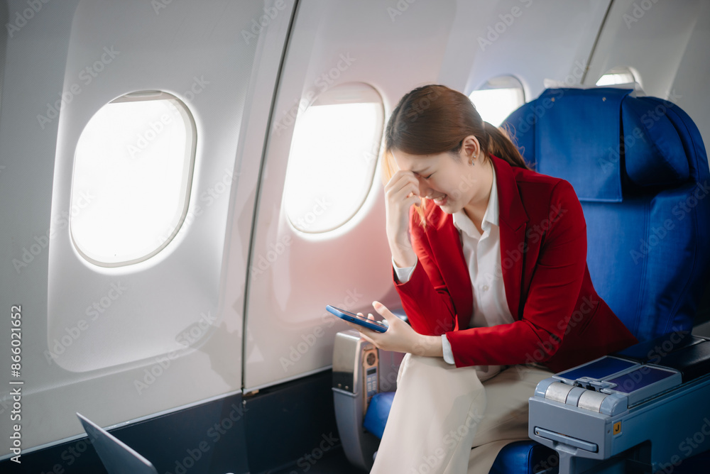 Photo of a frustrated woman sitting on an airplane with her head in her hands. Asian woman sitting in a seat Photo of a frustrated woman sitting on an airplane with her head in her hands. Asian woman sitting in a seat