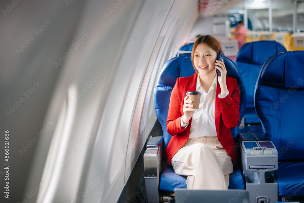 Asian Woman Working on Tablet During in first class, multitasking with Flight Travel in style, work Asian Woman Working on Tablet During in first class, multitasking with Flight Travel in style, work