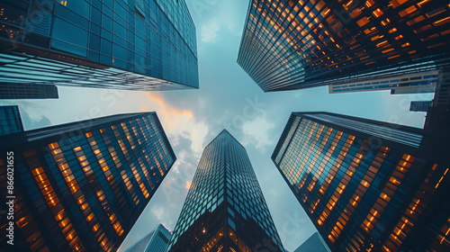 View of modern skyscrapers from below during dusk, capturing the urban architecture and cityscape in evening light. photo