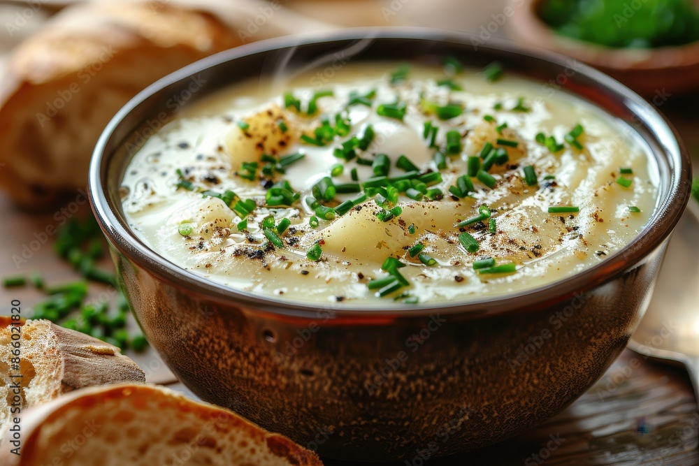 A bowl of creamy leek and potato soup, garnished with chives and a swirl of cream, served with a crusty bread roll. A bowl of creamy leek and potato soup, garnished with chives and a swirl of cream, served with a crusty bread roll.