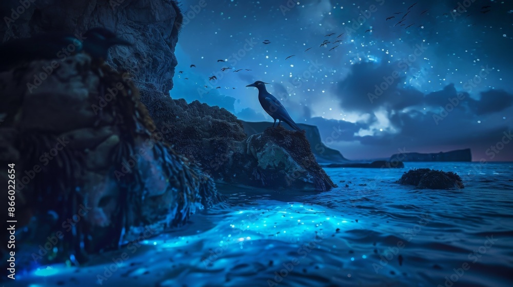 Bird on Rocky Cliff Enjoys Beautiful Starry Night Sky with Sparkling Bioluminescent Ocean Waves