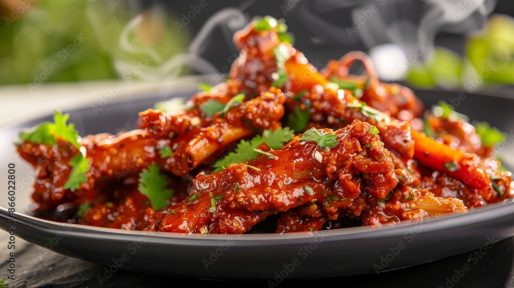 Plate of spicy chicken feet, bright red spicy sauce, steaming hot, garnished with cilantro, detailed and textured, visually enticing and tasty Plate of spicy chicken feet, bright red spicy sauce, steaming hot, garnished with cilantro, detailed and textured, visually enticing and tasty
