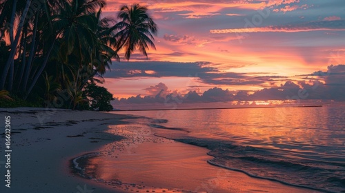 Beautiful sunset over a tropical beach with palm trees. Colorful sky reflects on calm ocean water. Peaceful coastal landscape at dusk.