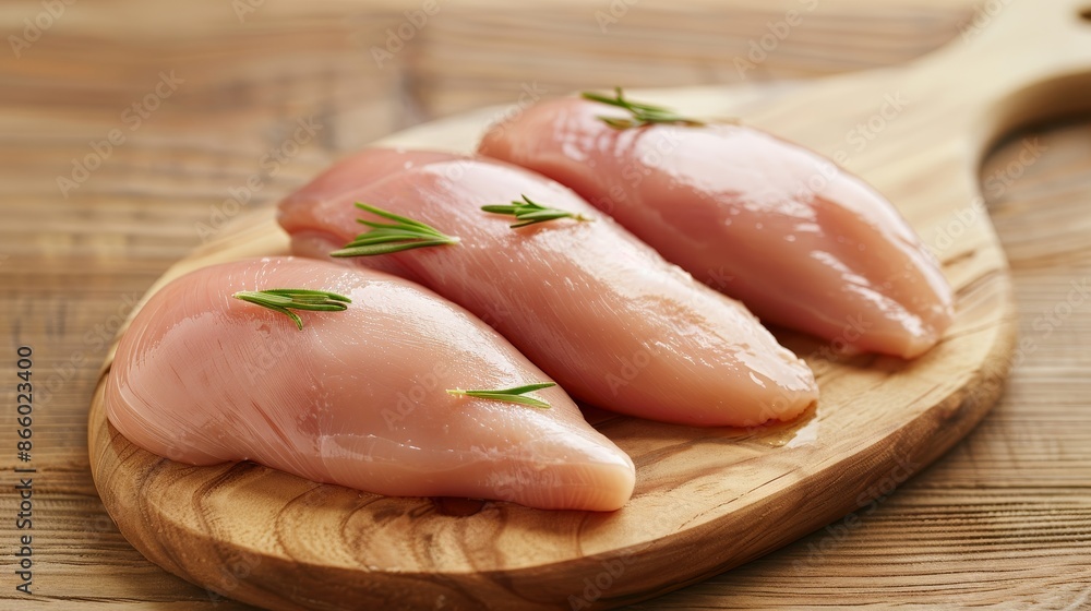 Raw chicken breast fillets on wooden board, detailed textures, kitchen setting, fresh and ready for cooking, clean presentation Raw chicken breast fillets on wooden board, detailed textures, kitchen setting, fresh and ready for cooking, clean presentation