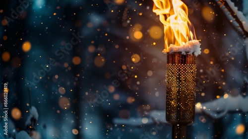 Winter night with a torch and snowflakes. Warm light under the dark, cold sky brings a sense of calm, surrounded by the beauty of wintry snow.