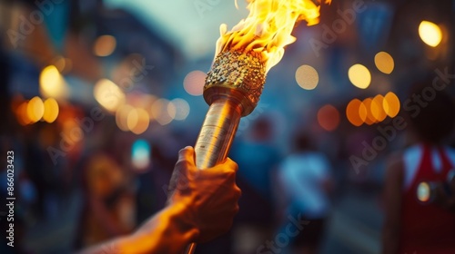 Hand holding a glowing torch in a street filled with people. Bright flames illuminate the scene, creating a festive and warm atmosphere.