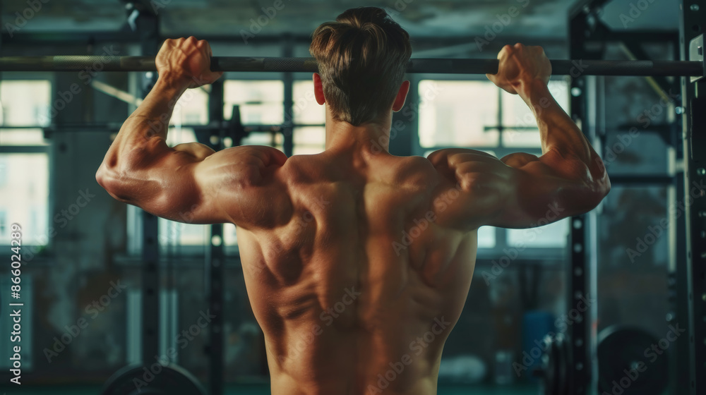 Muscular man performing pull-ups, back muscles in action, fitness, strength, exercise, workout, physical activity, bodybuilding, training. Muscular man performing pull-ups, back muscles in action, fitness, strength, exercise, workout, physical activity, bodybuilding, training.