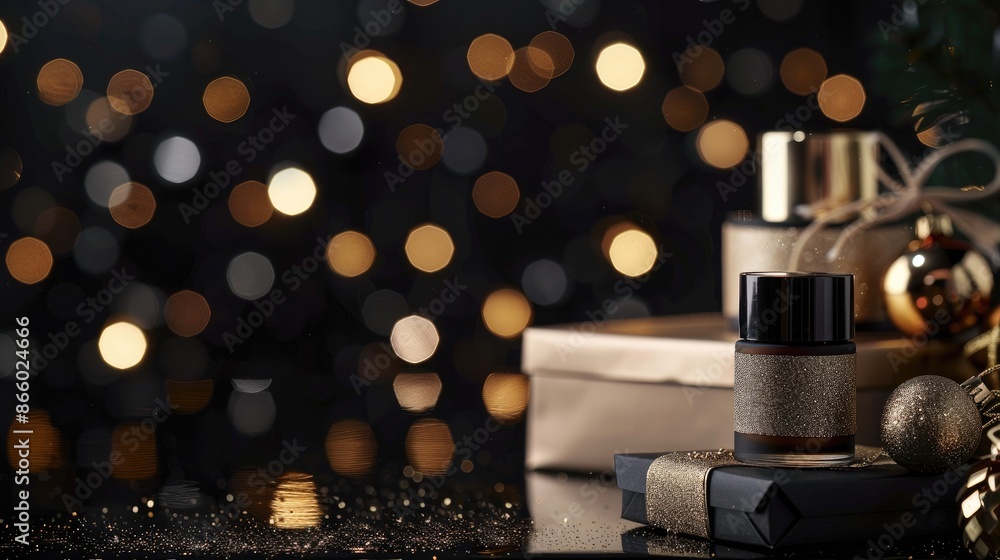 Holiday themed skincare gift set on sparkling black background for web banner Holiday themed skincare gift set on sparkling black background for web banner