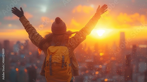 Woman with backpack and raised arms celebrating at sunset with cityscape in background.