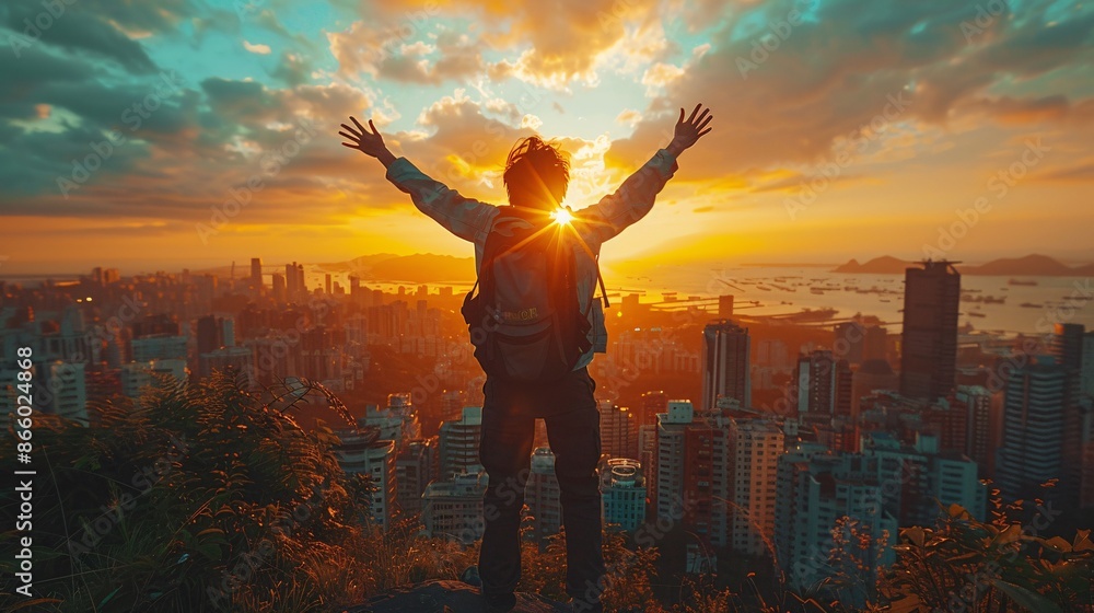 Person with backpack and raised arms celebrating at sunrise on a hill overlooking a cityscape. Person with backpack and raised arms celebrating at sunrise on a hill overlooking a cityscape.