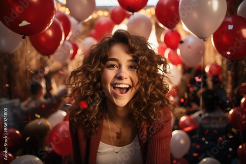 woman stands in front of a bunch of red and white balloons, showcasing a celebration concept. © Vitalii But