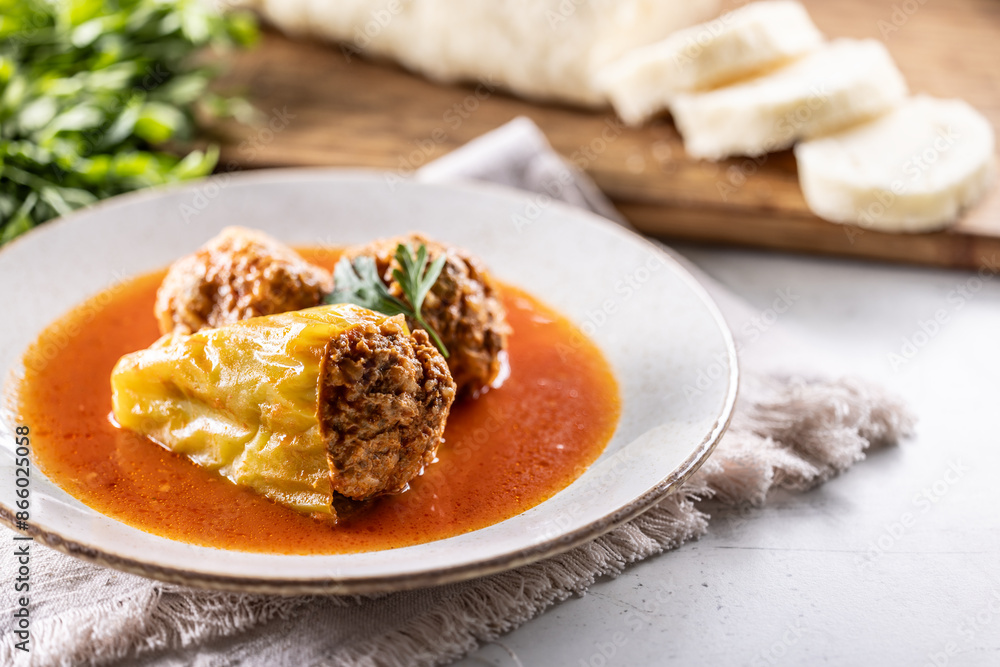 Stuffed green pepper with meat balls in tomato sauce, sourdough dumpling in the background Stuffed green pepper with meat balls in tomato sauce, sourdough dumpling in the background