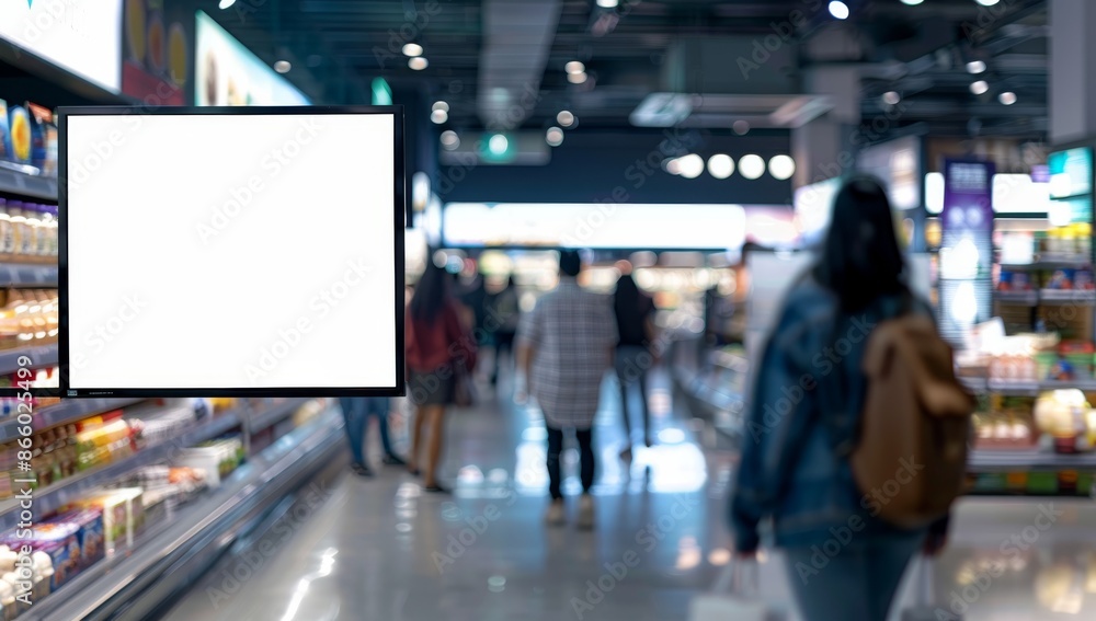 Blank Digital Display in Supermarket Aisle Blank Digital Display in Supermarket Aisle