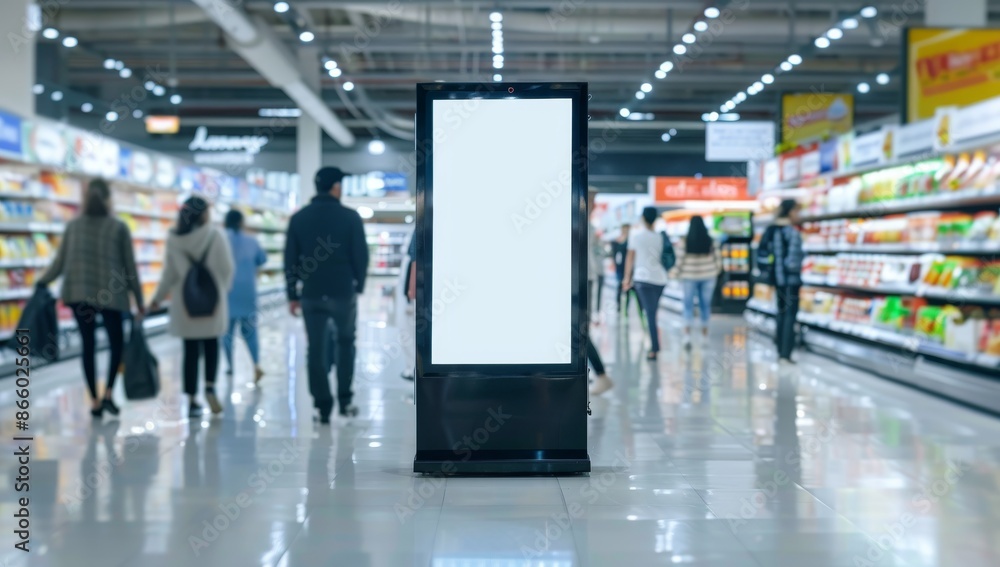 Blank Digital Signage in Supermarket Aisle Blank Digital Signage in Supermarket Aisle