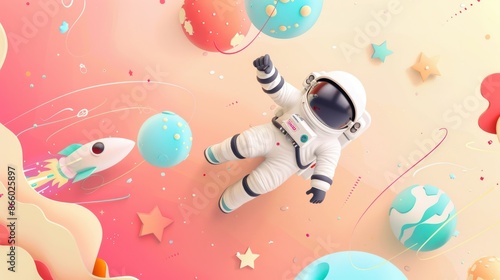Pop design background for kids with astronaut and rocket in pastel colors and simple design © pook