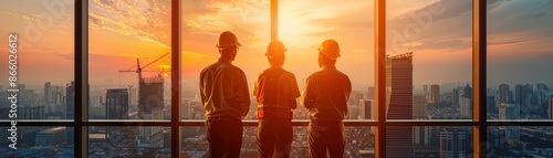 Silhouetted engineers with helmets, watching a cityscape sunset through a large window, symbolizing teamwork and urban development.