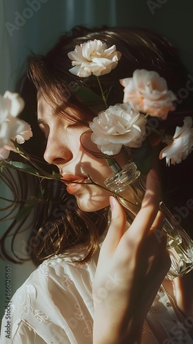 Photorealistic Portrait of Woman with Perfume Bottle and Flowers photo