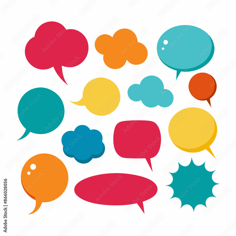 Many colorful speech bubbles on white background in the image Many colorful speech bubbles on white background in the image