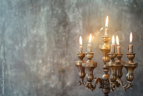 Antique Brass Candelabra With Lit Candles Against Textured Background