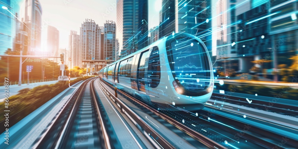 Fototapeta premium Futuristic Train Speeding Through Cityscape