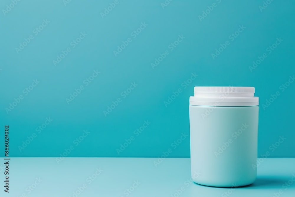 White supplement jar on blue background with negative space White supplement jar on blue background with negative space