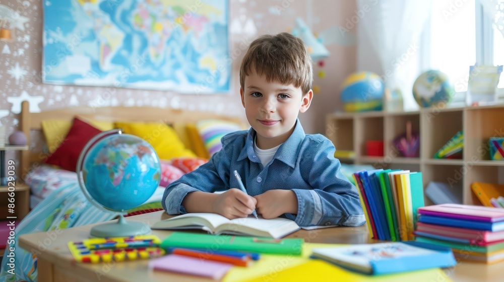 Fototapeta premium Learning to read and write, young boy at desk in bedroom, books, globe, and colorful school supplies, back to school, HD photo