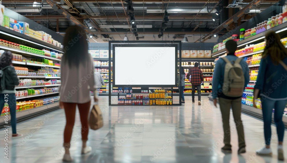 Obraz premium Grocery Store with Blank Ad Space and Shoppers