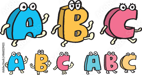 青と黄色とピンクのABCのアルファベットキャラ素材