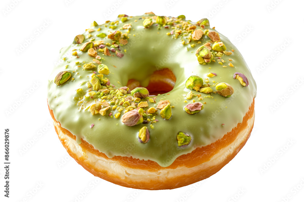 Closeup view of a pistachio glazed donut with chocolate drizzle, isolated on white transparent background. Closeup view of a pistachio glazed donut with chocolate drizzle, isolated on white transparent background.