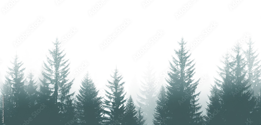 Fototapeta premium A silhouette of pine trees against png on transparent background, a forest landscape in a dark green and black color palette