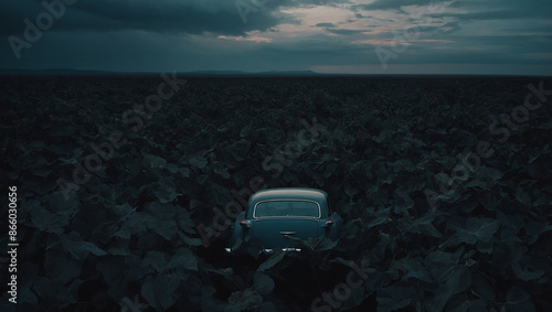 The image shows a car parked in a field of sunflowers at night. The car is a blue vintage car in good condition, with its headlights illuminating the yellow flowers in front of it.