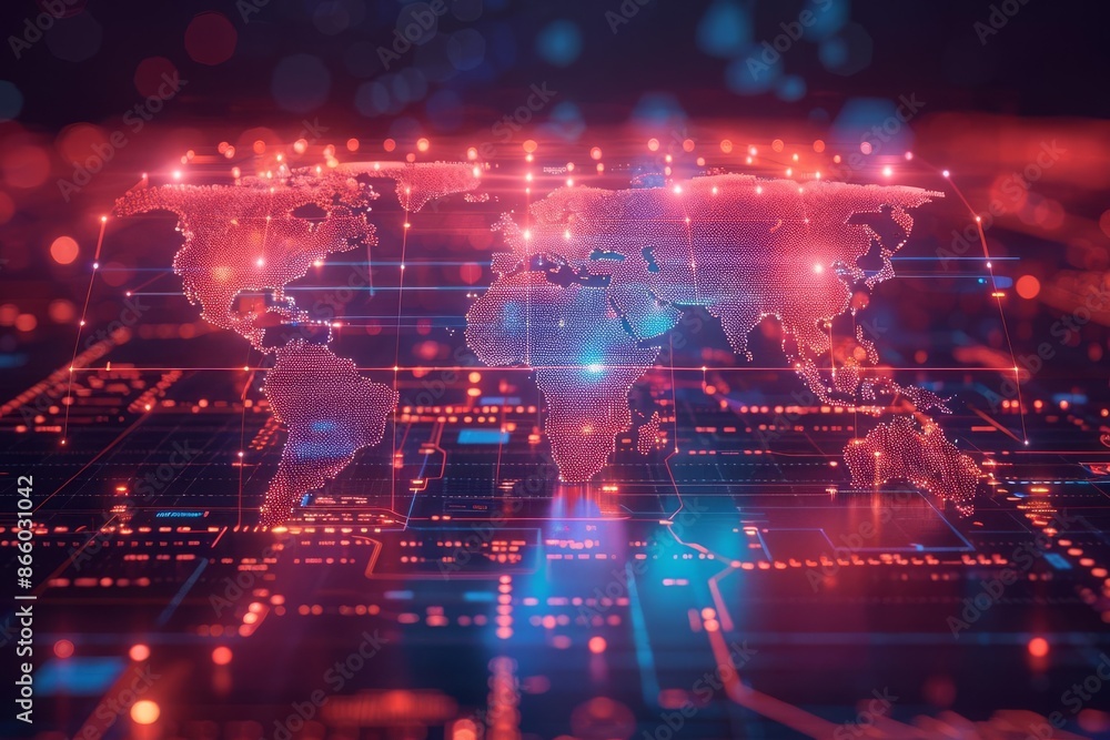 A holographic world map with interconnected nodes, hightech office, rule of thirds A holographic world map with interconnected nodes, hightech office, rule of thirds