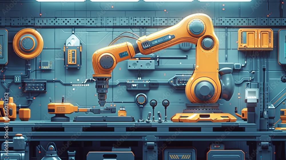 A robotic arm assembling a digital gadget, innovative workspace, rule of thirds composition
