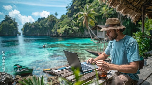 Enthusiastic travel blogger editing photos on a laptop, exotic location, rule of thirds