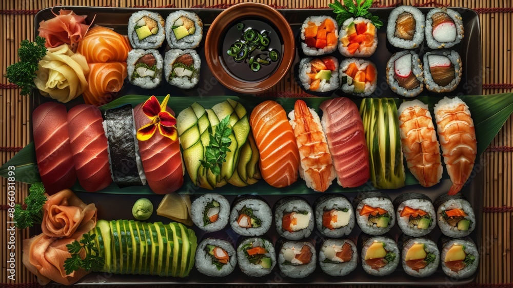 Exquisite Assortment of Freshly Prepared Sushi Rolls and Nigiri Artfully Presented on a Bamboo Mat Exquisite Assortment of Freshly Prepared Sushi Rolls and Nigiri Artfully Presented on a Bamboo Mat