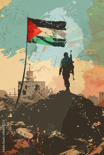 Palestinian Victory on Gaza Ruins - Illustrated Vector Art photo