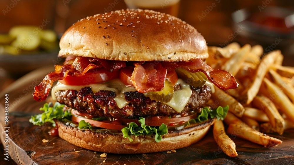 Close up view of a gourmet bacon cheeseburger served with a side of crispy fries on a rustic wooden platter Close up view of a gourmet bacon cheeseburger served with a side of crispy fries on a rustic wooden platter